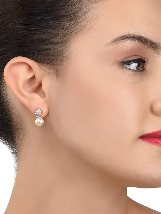 Zaveri Pearls Gold Tone Cubic Zirconia & Pearl Contemporary Brass Stud Earring For Women-ZPFK9516 - Image 4
