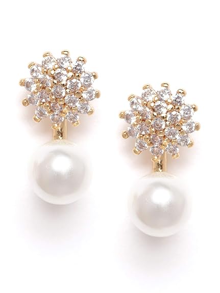 Zaveri Pearls Gold Tone Cubic Zirconia & Pearl Contemporary Brass Stud Earring For Women-ZPFK9516