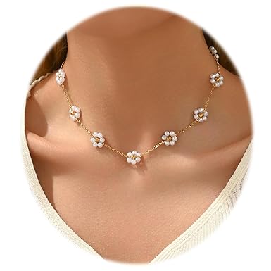 SANNIDHI Pearl Necklace for Women for Girls Gold Plated Stainless Steel Chain Flower Pendant Necklace - Image 3
