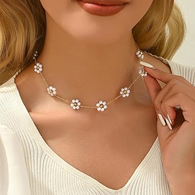 SANNIDHI Pearl Necklace for Women for Girls Gold Plated Stainless Steel Chain Flower Pendant Necklace